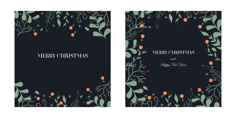Set of holiday banners. Happy New Year and Merry Christmas. Chinese holiday. Plants and fruits. Background. Decoration and celebration. Vector stock illustration. Flat style. Flowers and berries. - obrazy, fototapety, plakaty