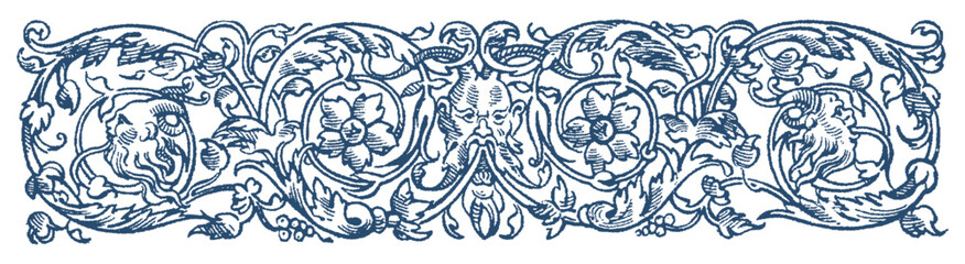 Indigo Floral Engraving Border. Hand Drawn Vector Outline, Graphic, Line Art. Vintage Baroque Ornament Frame. Modern Style. Antique Botanical Retro. Victorian Frame Border. Navy Blue. Medieval Stamp - obrazy, fototapety, plakaty