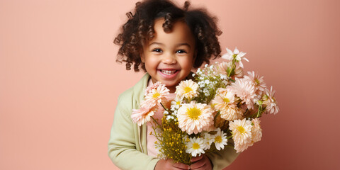 cute little girl with a bouquet of wild flowers for mom