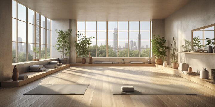modern fitness center or home with large windows and white walls, a comfortable place for sports, meditation and yoga