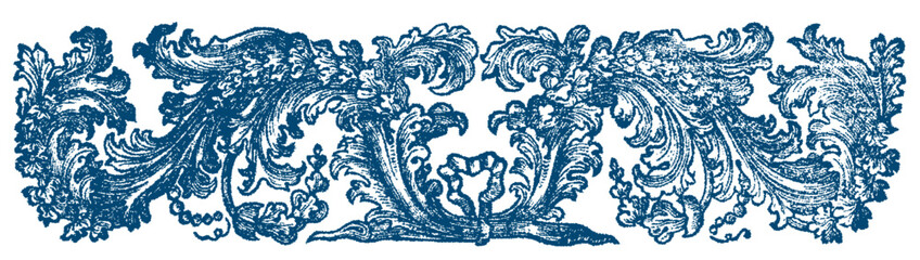 Indigo Floral Engraving Border. Hand Drawn Vector Outline, Graphic, Line Art. Vintage Baroque Ornament Frame. Modern Style. Antique Botanical Retro. Victorian Frame Border. Navy Blue. Medieval Stamp