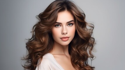 Naklejka premium Portrait of young pretty woman natural beauty brown volume hairstyle on background, white background
