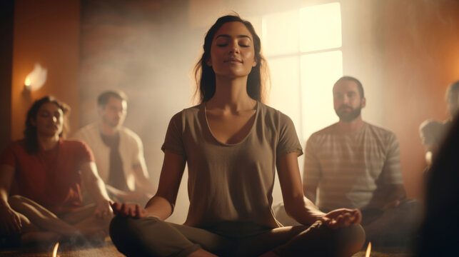 Group, diverse and meditation in a studio for mindfulness practise and lotus spirituality. Calm people, deep breathing or religion for mental health, zen, and stress free lifestyle for burnout relief