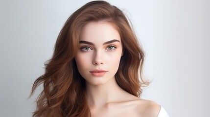 Portrait of young pretty woman natural beauty brown volume hairstyle on background, white background