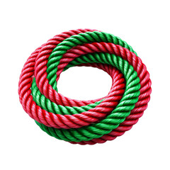A plastic rope of green and red color is coiled and placed isolated on transparent background