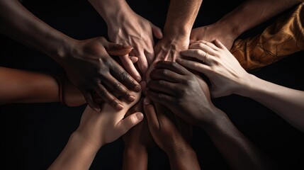 Many hands of different races and ethnicities. United for equality: Diverse youth fighting against discrimination