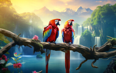 two parrots sitting on a branch - obrazy, fototapety, plakaty