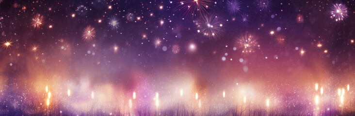 Candles on a bright background with firework bursting over it - obrazy, fototapety, plakaty