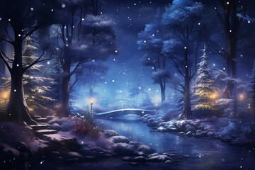 Mysterious night landscape with trees and stars