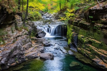 Peaceful scene of a clear, still stream reflecting a lush green forest in a red rock canyon
