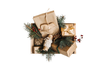 Zero waste, eco-friendly, sustainble Christmas gift in box isolated on white background. Natural...