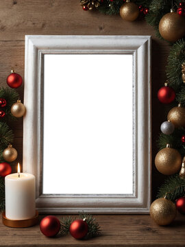 Photo frame transparent mockup standing on the wood table with Christmas decorations and christmas tree on the background