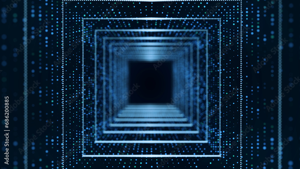 Poster technology wireframe square tunnel on blue background. futuristic 3d wormhole grid. big data visuali