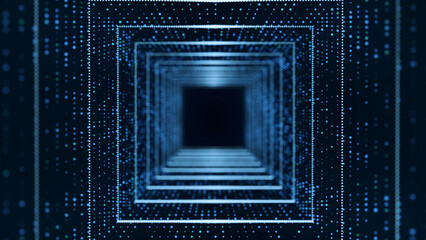 Technology wireframe square tunnel on blue background. Futuristic 3D wormhole grid. Big data visualization. 3D rendering.