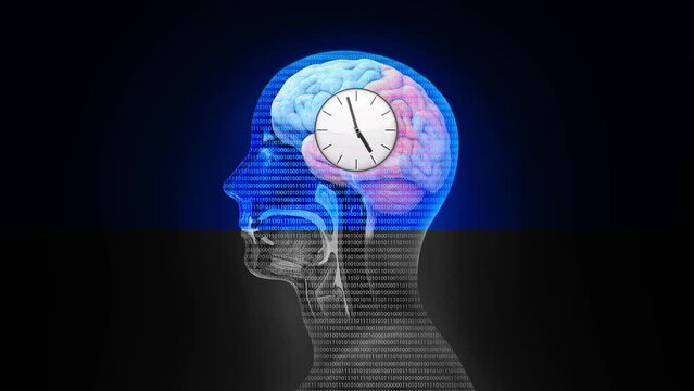 3d passing of time, passage of human life, clock, clock face, artificial intelligence, future, past, binary system animation
