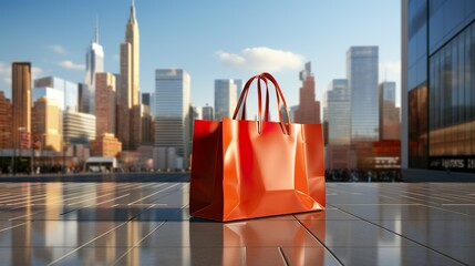 Una bolsa de papel con fondo de ciudad. Concepto de compras, consumo. Generado por IA.