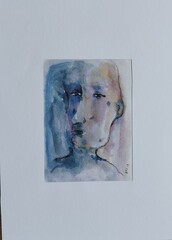 ilustración de un posible retrato de pintura de autor en acuarela con mirada expresiva en colores azules y tierras