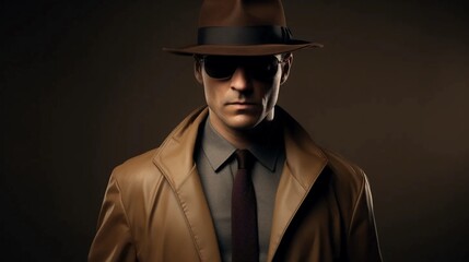 Agent or detective working on assignment, extracting secret information, glasses, hat, coat