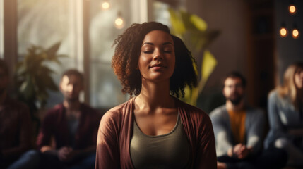Obraz premium Group, diverse and meditation in a studio for mindfulness practise and lotus spirituality. Calm people, deep breathing or religion for mental health, zen, and stress free lifestyle for burnout relief