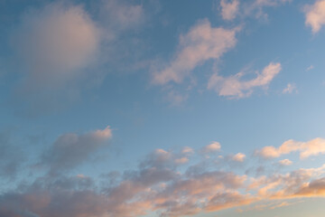 Photo texture background, blue sky during sunset with orange shades. Drone view.