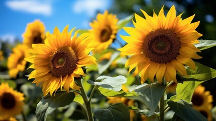 Realistic sunflowers in the field. Blue sky