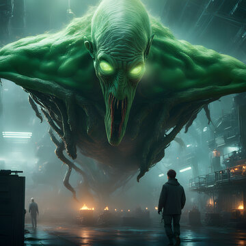 The largest green monster scaring a man 