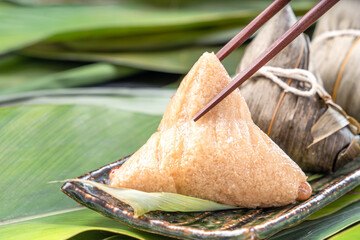 Close up, copy space, famous chinese tasty food in dragon boat (duan wu) festival, steamed rice...