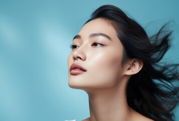 Fototapeta premium Asian, female and beauty portrait of a woman for skincare, health and cosmetics. Beauty, confident and attractive person with smooth healthy skin routine for glow, dermatology and hygiene in studio
