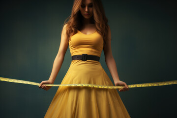 An image of a woman holding a measuring tape around her waist, navigating the complexities of body image and societal norms. Concept of body standards and self-measurement. Generative Ai.