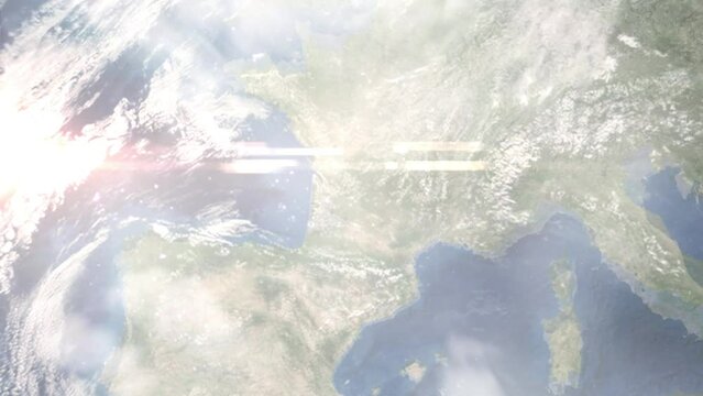 Zoom in from space and focus on Bergerac, France. 3D Animation. Background for travel intro. Elements of this image furnished by NASA	