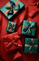 a gift box in the shape of a ribbon is on a red and black silk background