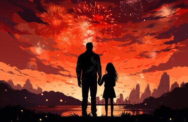 a family and a child stand in front of fireworks