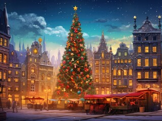 Obraz premium a lit up christmas tree and other decorations surround buildings in the christmas market