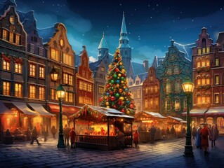 Fototapeta premium a lit up christmas tree and other decorations surround buildings in the christmas market