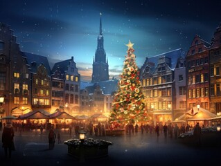 a lit up christmas tree and other decorations surround buildings in the christmas market