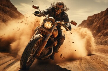 a black man riding a motorcycle down a dirt road