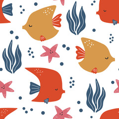 Undersea pattern with creative and colorful fishes and corals. Creative undersea childish texture. Great for fabric, textile Vector Illustration