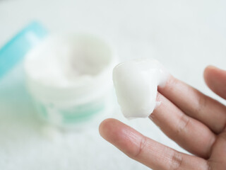 Lotion Body Cream on Skin Arm Asian Woman Whitening Care on Hand Girl, Sunscreen Healthy Serum Skincare Moisture Cosmetic for Face Beauty White Swatch Test, Spa Product Gel Treatment Cleanser Test.