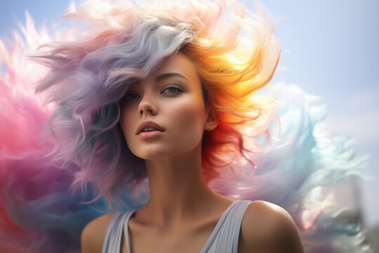 A woman with vibrant, pastel-colored hair, expressing creativity and uniqueness against a complementary background. Concept of self-expression and artistic identity. Generative Ai.