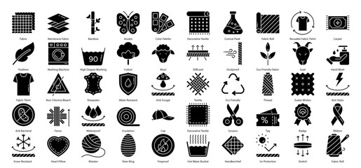 Fabric Glyph Icons Cotton Textile Fashion Iconset  50 Vector Icons in Black