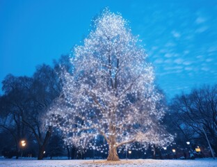 a tree decorated with lights with blue sky and starry lights