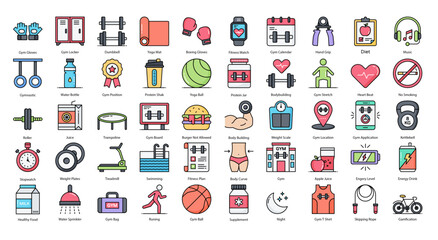 Gym Fitness Colored Line Icons Workout Biceps Muscle Iconset in Filled Outline Style 50 Vector Icons