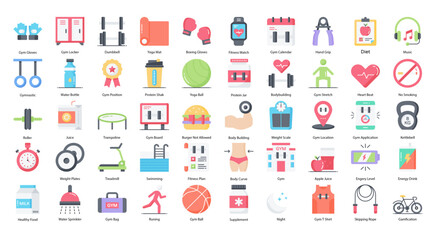 Gym Fitness Flat Icons Workout Biceps Muscle Iconset 50 Vector Icons - obrazy, fototapety, plakaty