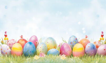Fototapeta na wymiar A colorful Easter card with a variety of patterned eggs and spring flowers.
