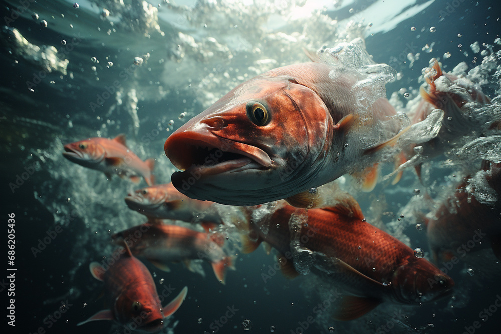 Poster a photograph capturing the schooling tactics of marine predators, illustrating how cooperation enhan