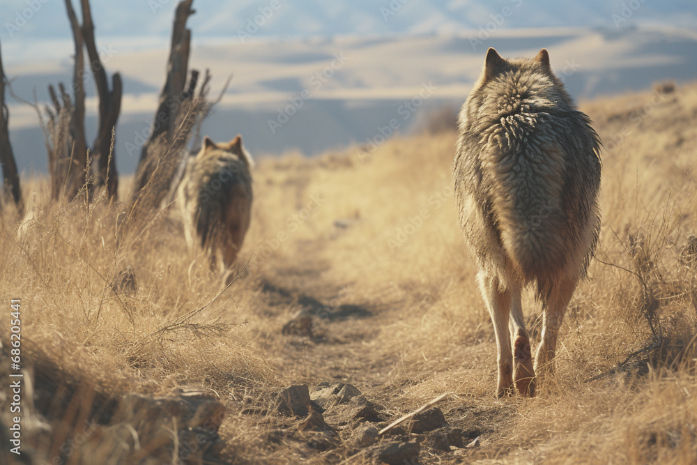 Poster a series of images illustrating the pack hunting strategy of coyotes, demonstrating the cooperative 