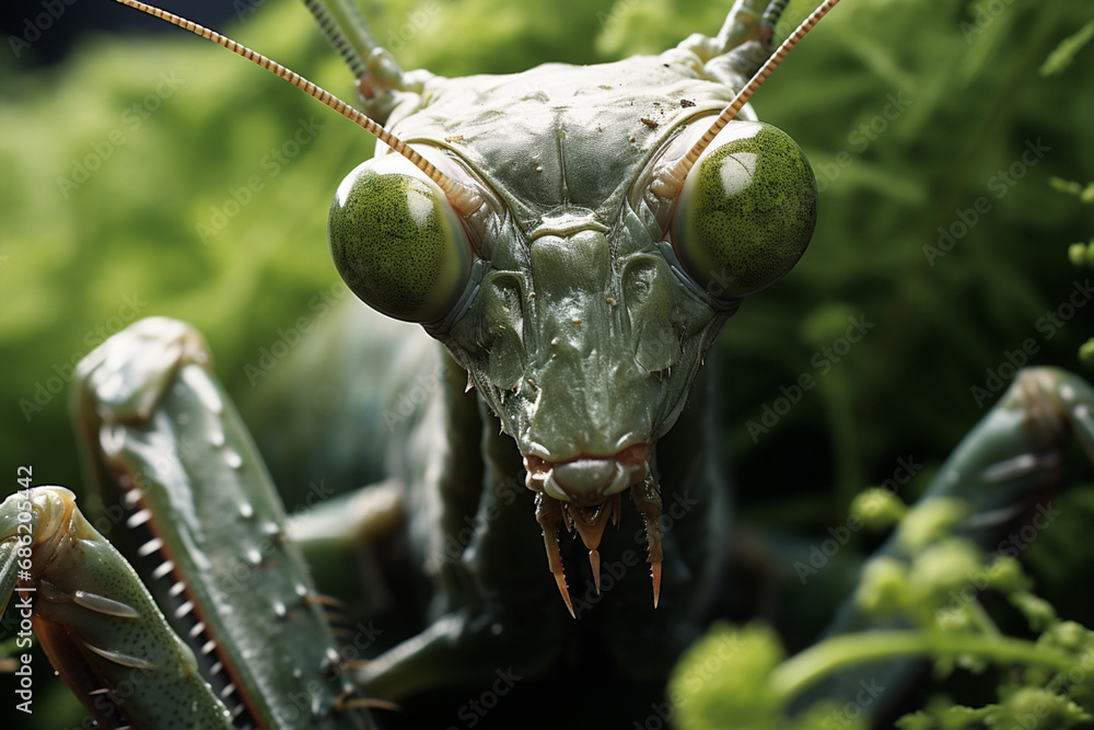 Aufkleber A close-up view of a praying mantis in ambush mode, showcasing the stealth and precision of this predatory insect in capturing its prey.