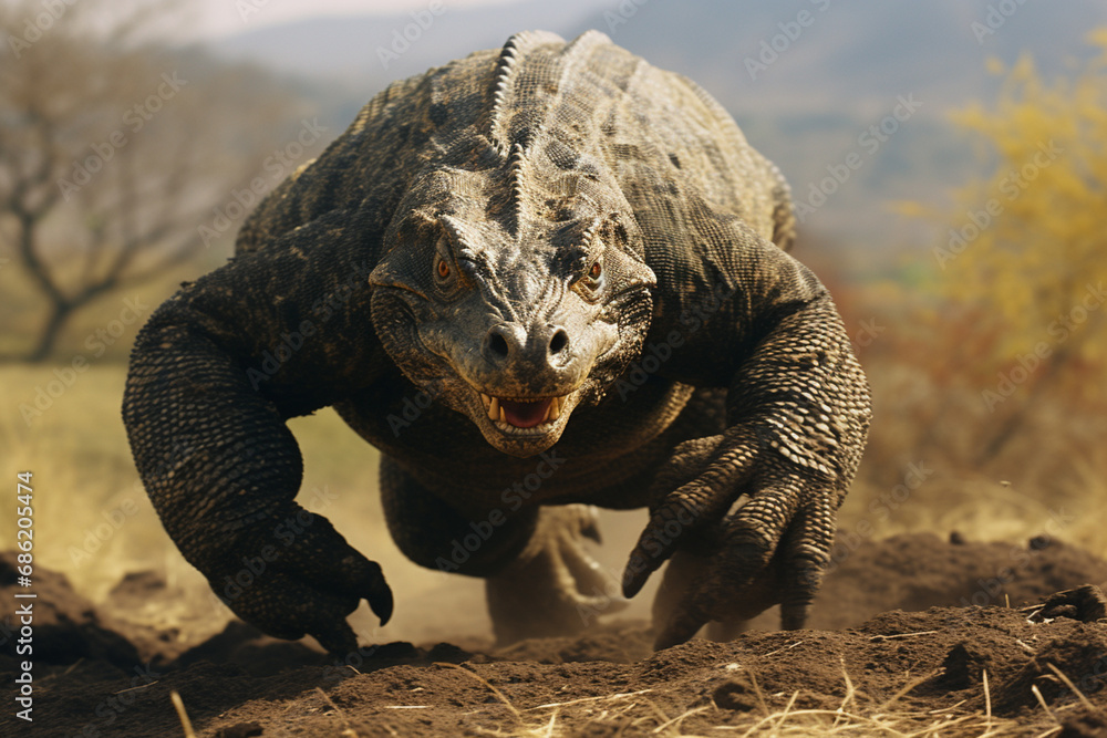Poster a photographic sequence illustrating the hunting prowess of a komodo dragon, showcasing the stealthy