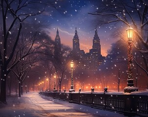an evening in a snowy park with lighted trees