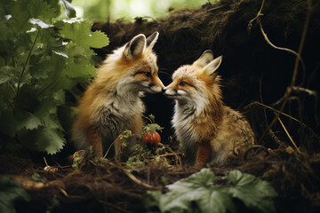 An illustration showcasing the interplay between a woodland fox and a rabbit, highlighting the predator's keen instincts and the prey's evasive maneuvers.